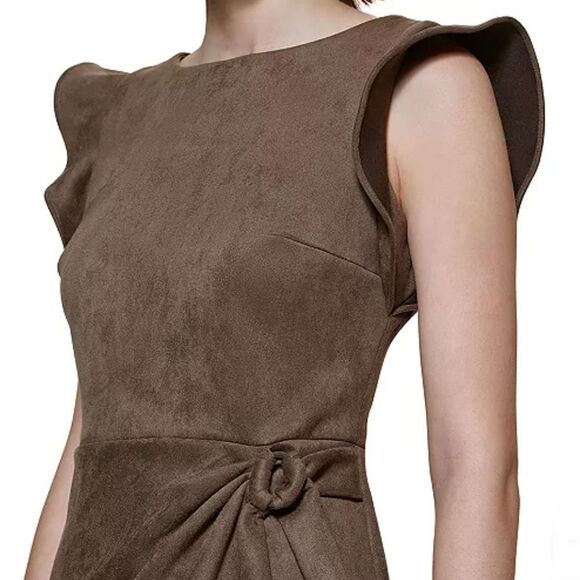 DKNY Brown Faux-Suede Side-Draped Cap Sleeve Sheath Dress - Toffee - Picture 2 of 11